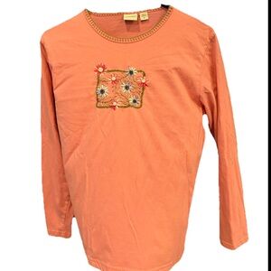 Cottage core VTG ladies M t shirt embroidered stitching simple pink knit top